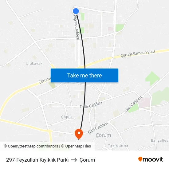 297-Feyzullah Kıyıklık Parkı to Çorum map