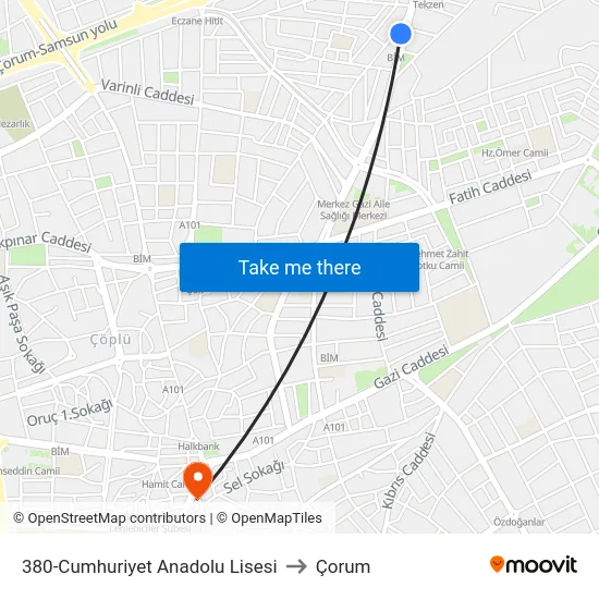 380-Cumhuriyet Anadolu Lisesi to Çorum map