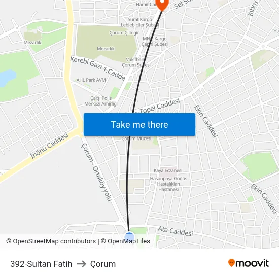 392-Sultan Fatih to Çorum map