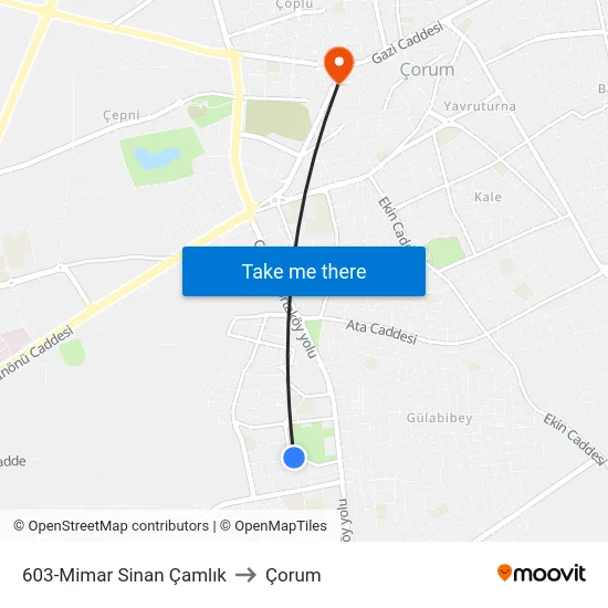 603-Mimar Sinan Çamlık to Çorum map