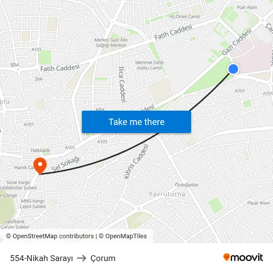 554-Nikah Sarayı to Çorum map
