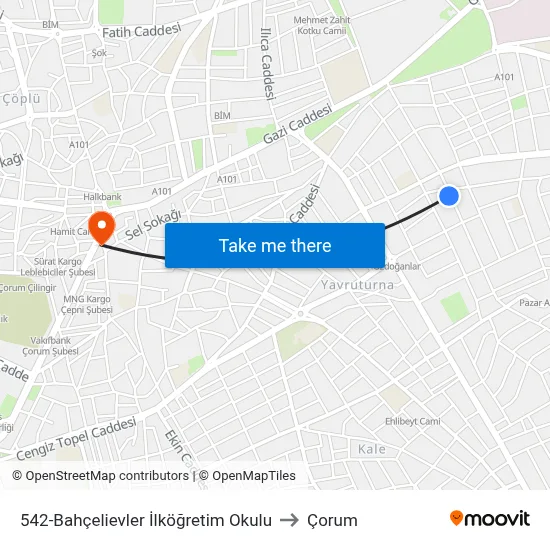 542-Bahçelievler İlköğretim Okulu to Çorum map