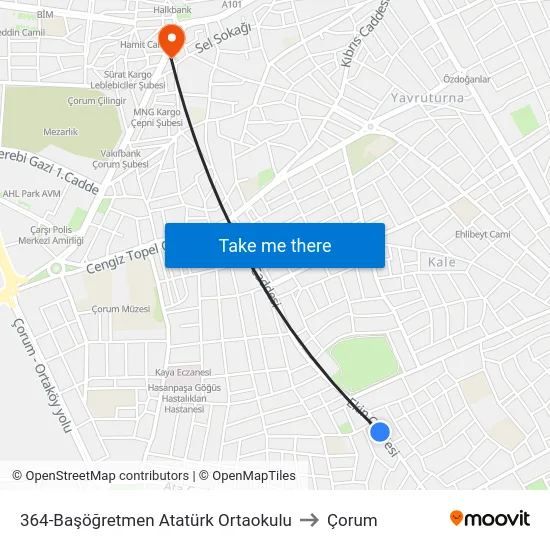 364-Başöğretmen Atatürk Ortaokulu to Çorum map