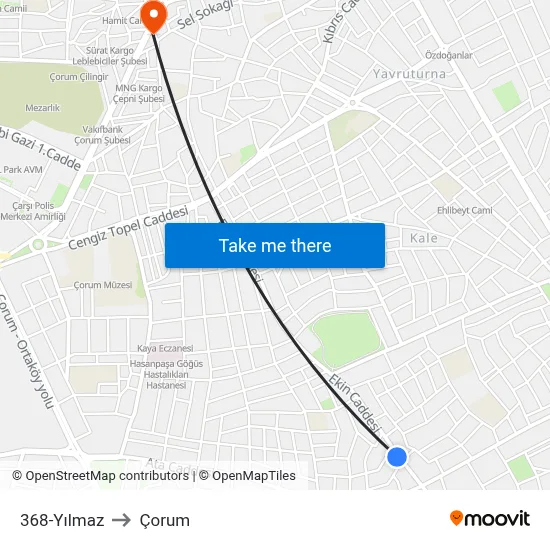 368-Yılmaz to Çorum map
