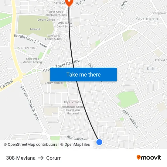 308-Mevlana to Çorum map
