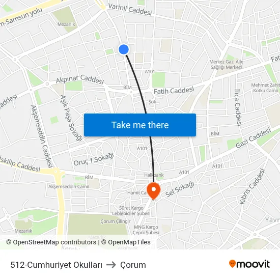 512-Cumhuriyet Okulları to Çorum map