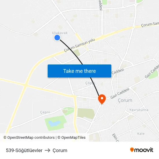 539-Söğütlüevler to Çorum map
