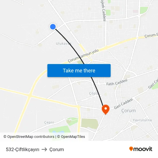 532-Çiftlikçayırı to Çorum map