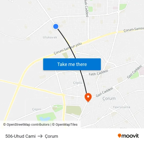 506-Uhud Cami to Çorum map