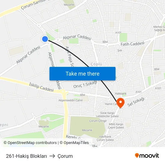 261-Hakiş Blokları to Çorum map
