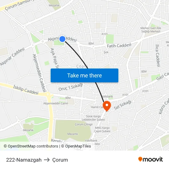 222-Namazgah to Çorum map