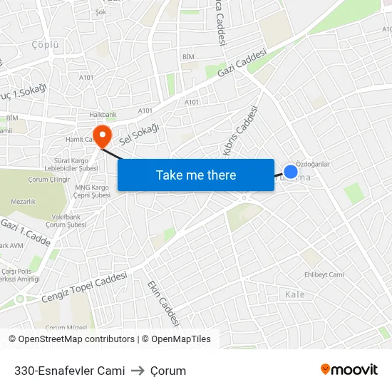 330-Esnafevler Cami to Çorum map
