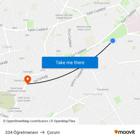 334-Öğretmenevi to Çorum map