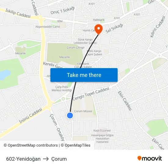 602-Yenidoğan to Çorum map