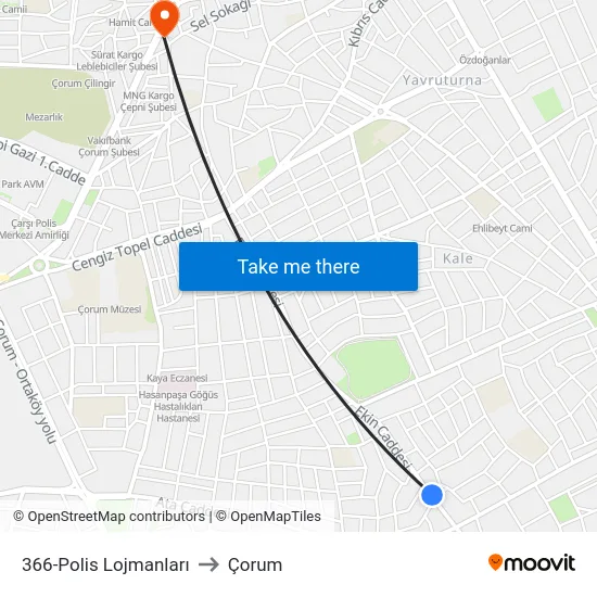 366-Polis Lojmanları to Çorum map