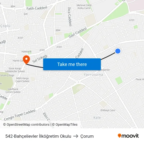 542-Bahçelievler İlköğretim Okulu to Çorum map