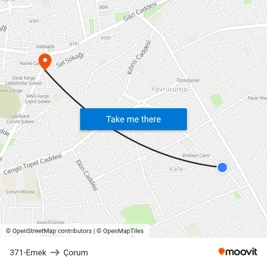 371-Emek to Çorum map