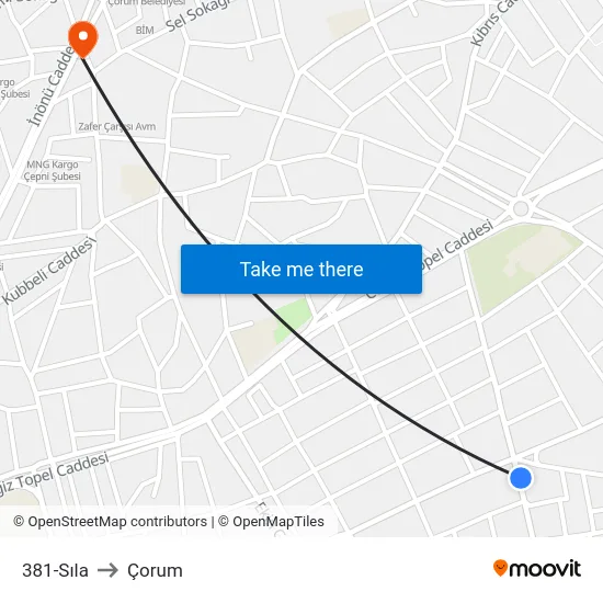 381-Sıla to Çorum map