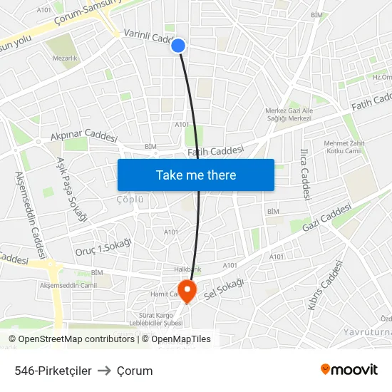 546-Pirketçiler to Çorum map