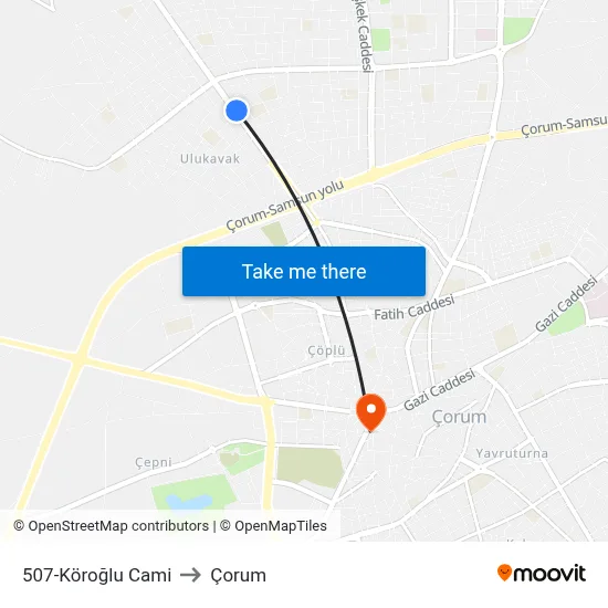 507-Köroğlu Cami to Çorum map