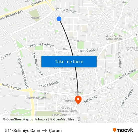 511-Selimiye Cami to Çorum map