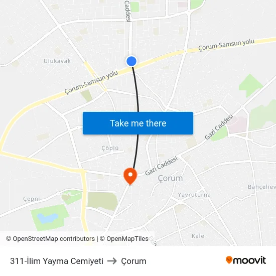 311-İlim Yayma Cemiyeti to Çorum map