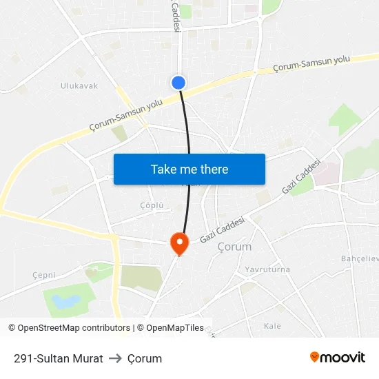 291-Sultan Murat to Çorum map