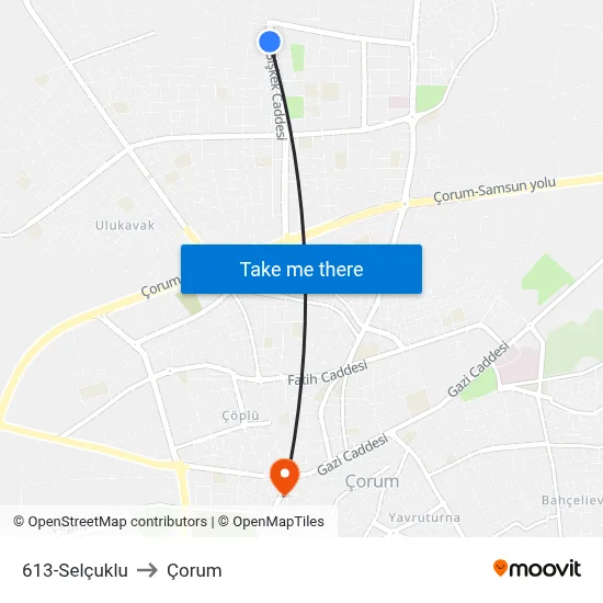 613-Selçuklu to Çorum map