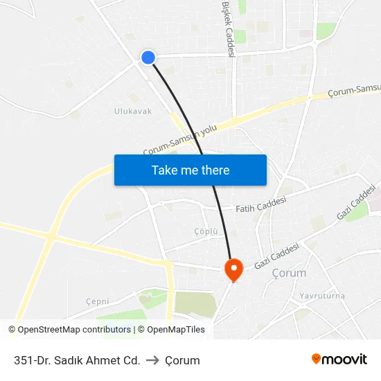 351-Dr. Sadık Ahmet Cd. to Çorum map