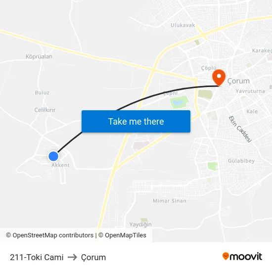 211-Toki Cami to Çorum map