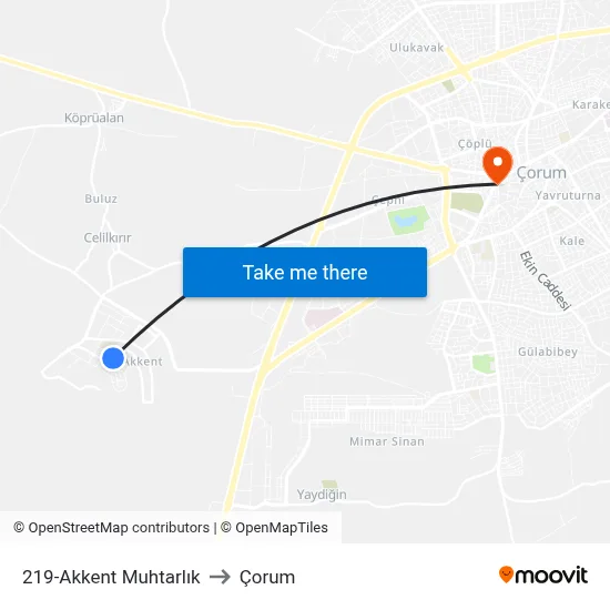 219-Akkent Muhtarlık to Çorum map