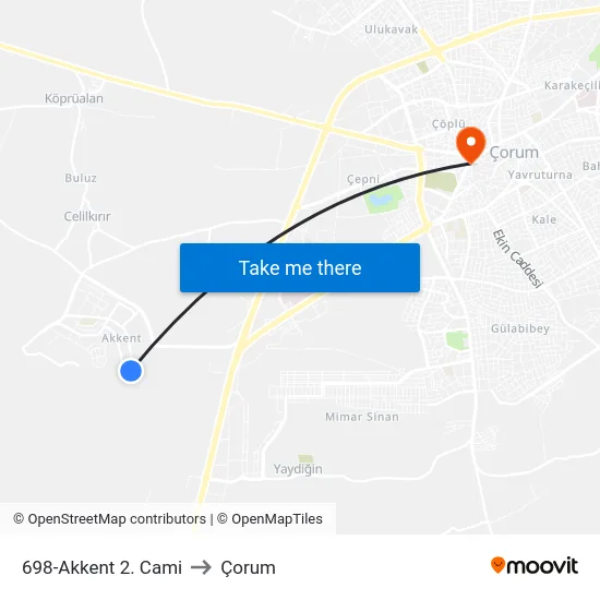 698-Akkent 2. Cami to Çorum map