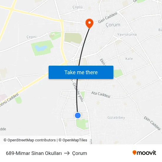 689-Mimar Sinan Okulları to Çorum map