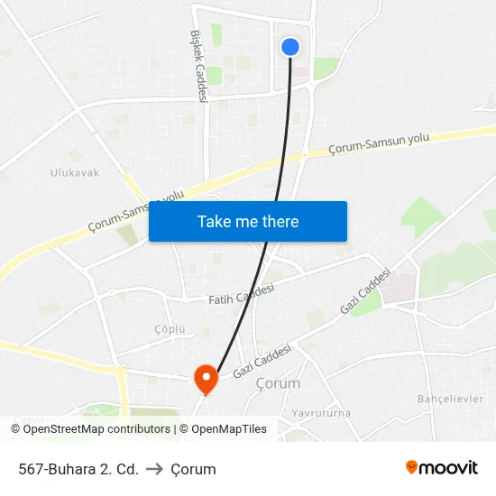 567-Buhara 2. Cd. to Çorum map