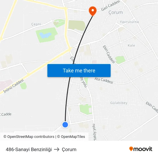 486-Sanayi Benzinliği to Çorum map