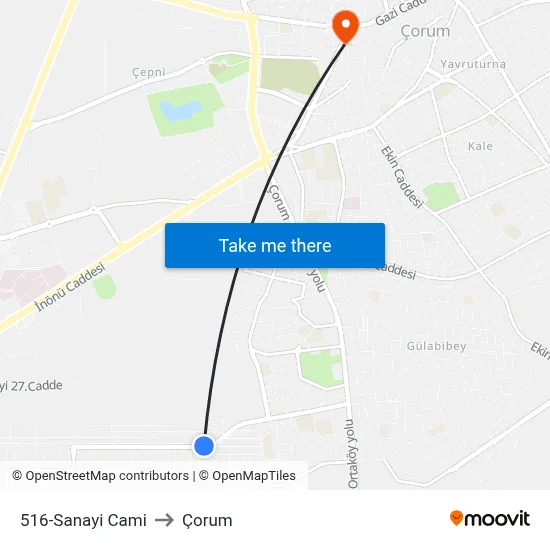 516-Sanayi Cami to Çorum map