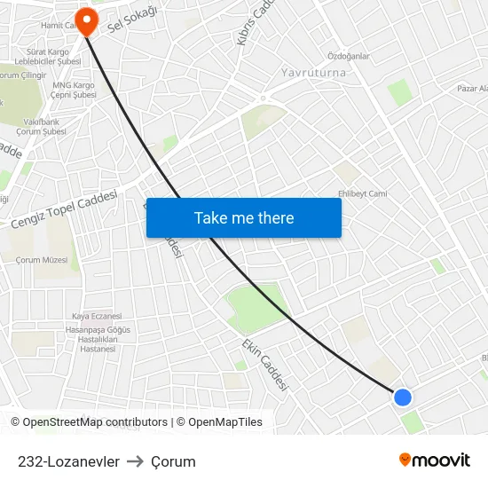 232-Lozanevler to Çorum map
