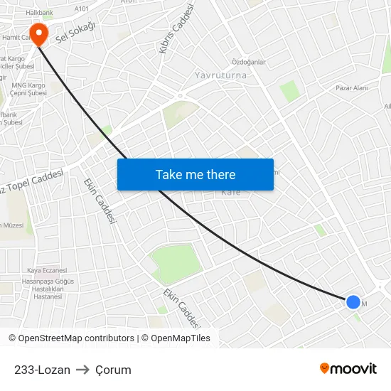 233-Lozan to Çorum map