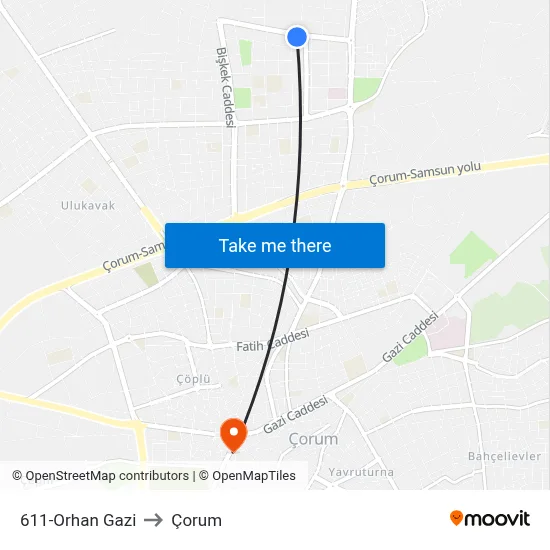 611-Orhan Gazi to Çorum map
