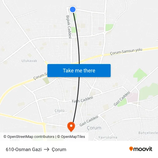 610-Osman Gazi to Çorum map