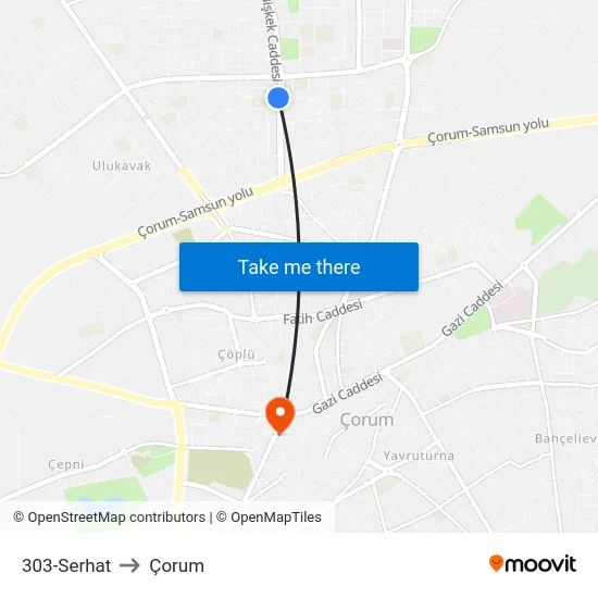 303-Serhat to Çorum map