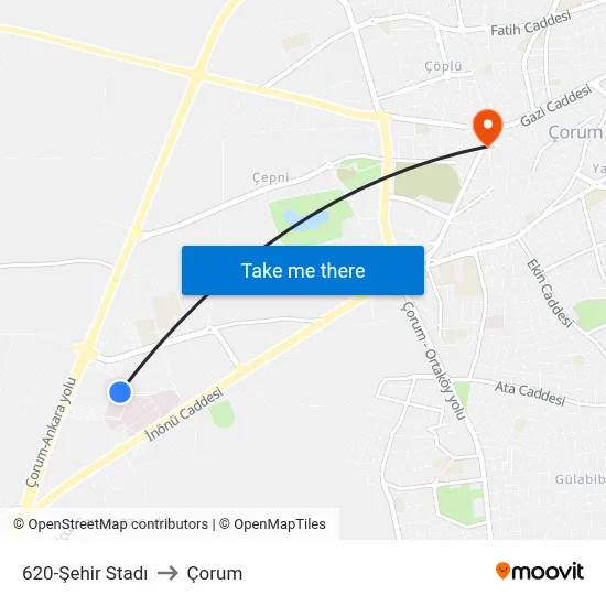 620-Şehir Stadı to Çorum map