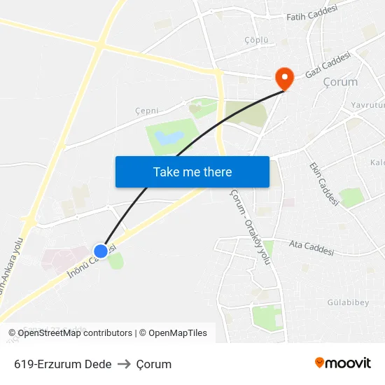 619-Erzurum Dede to Çorum map