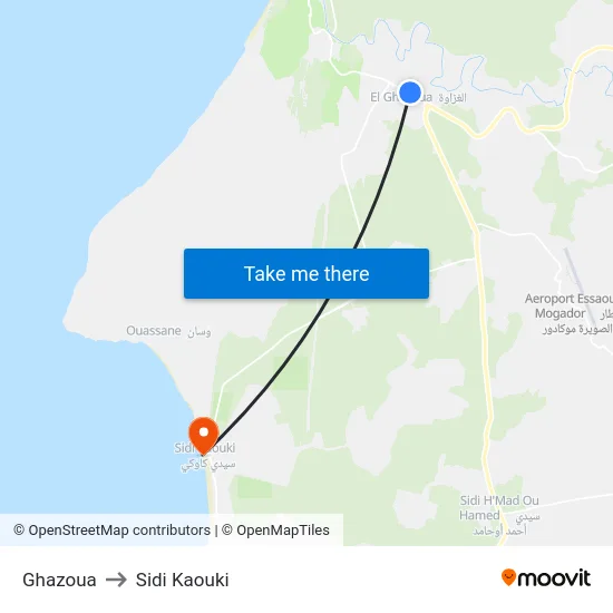 Ghazoua to Sidi Kaouki map