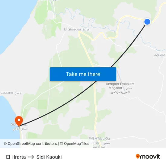El Hrarta to Sidi Kaouki map