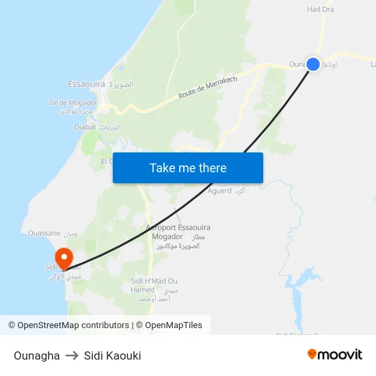 Ounagha to Sidi Kaouki map