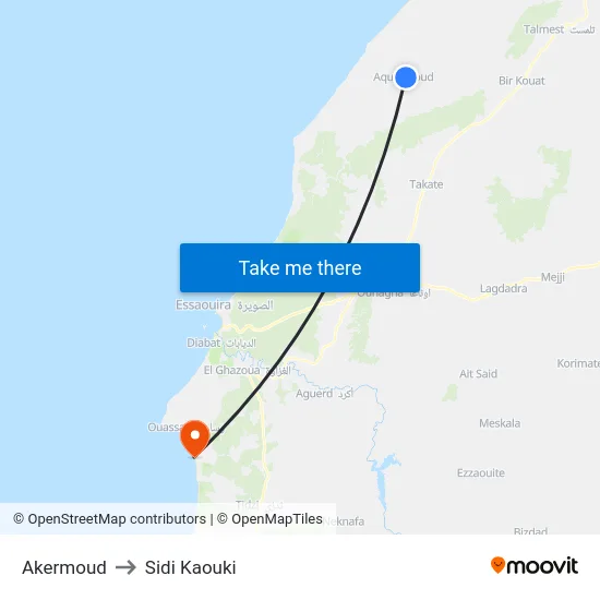 Akermoud to Sidi Kaouki map