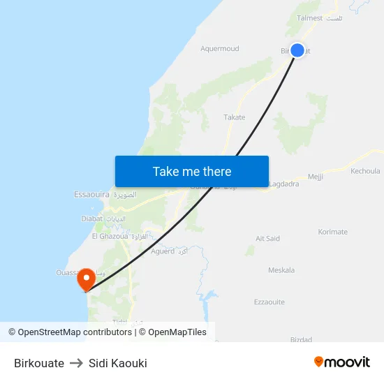 Birkouate to Sidi Kaouki map