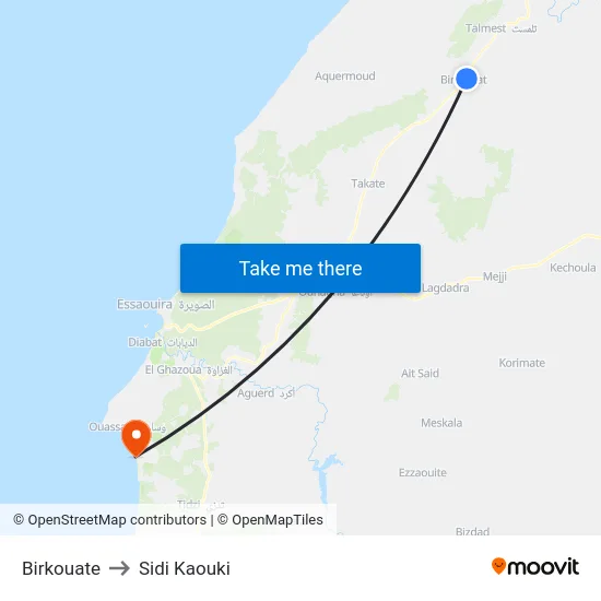 Birkouate to Sidi Kaouki map