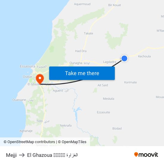 Mejji to El Ghazoua ⵍⵖⵣⵡⴰ الغزاوة map